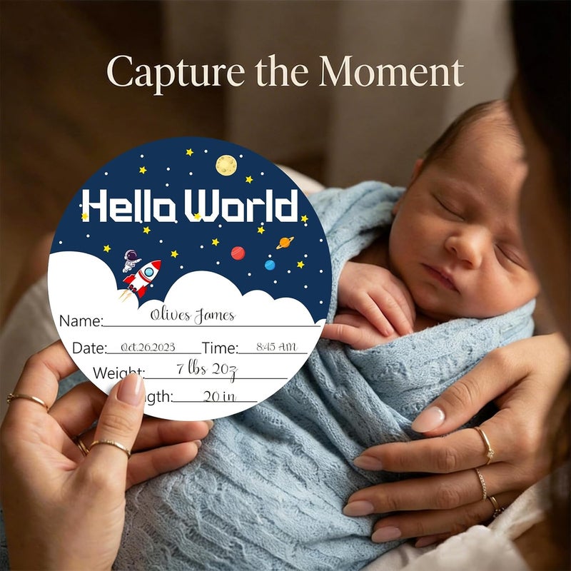 Al Raied ARS® Birth Announcement Sign Hello World Baby Name Wood Spaceship Theme - Image 2