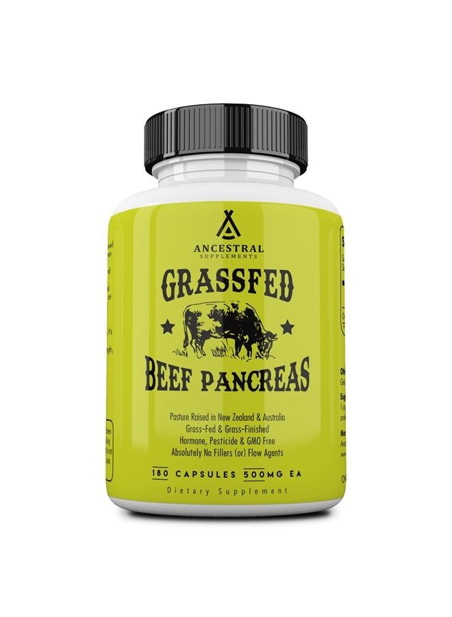 Ancestral Supplements Grass Fed Beef Pancreas Supplement, 500mg, Pancreatic Support with Proteolytic Enzymes for Digestion Support, Including Trypsin, Non-GMO, 180 Capsules - Image 1