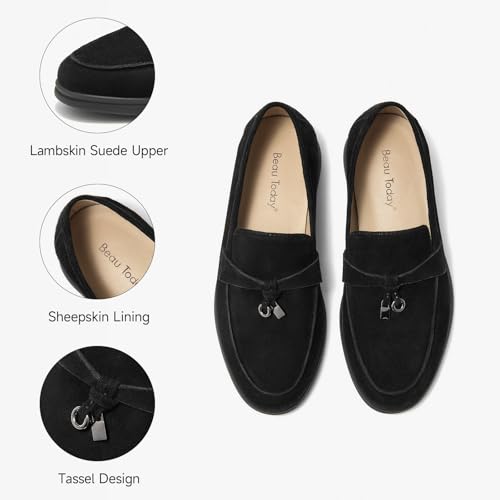 BEAU TODAY Suede Loafers Flats for Women, Women’s Slip On Penny Loafers, Leather Driving Comfortable Dress Ladies Loafers Casual Office Work Shoes Black US 5.5 - Image 4