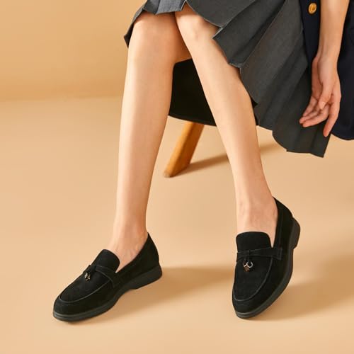 BEAU TODAY Suede Loafers Flats for Women, Women’s Slip On Penny Loafers, Leather Driving Comfortable Dress Ladies Loafers Casual Office Work Shoes Black US 5.5 - Image 2