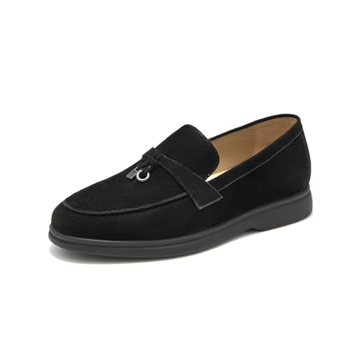 BEAU TODAY Suede Loafers Flats for Women, Women’s Slip On Penny Loafers, Leather Driving Comfortable Dress Ladies Loafers Casual Office Work Shoes Black US 5.5 - Image 1