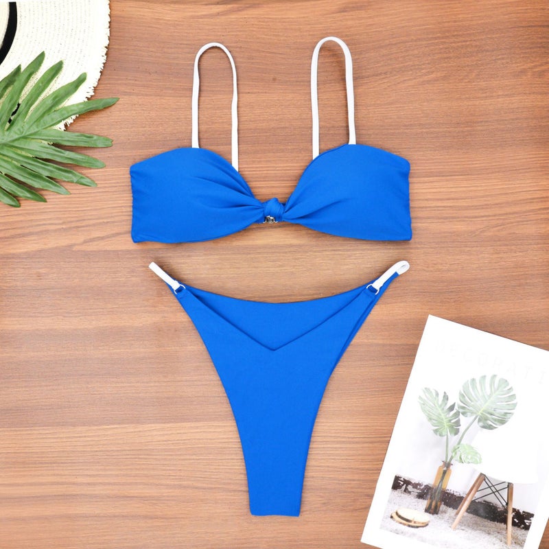 New Bikini Solid Color Knot Strap Beautiful Back Split Women'S Swimwear - Image 1