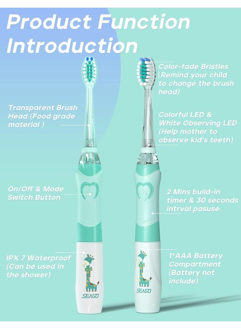 سيجو فرشاة أسنان كهربائية للأطفال من سيجو، مزودة بمؤقت تنظيف لمدة دقيقتين و4 رؤوس فرشاة بديلة، وإضاءة LED بألوان قوس قزح تجعل تنظيف الأسنان ممتعًا، فرشاة أسنان تعمل بالبطارية للأولاد من عمر 4 إلى 12 سنة، لون أخضر، موديل SG-977 - Image 2