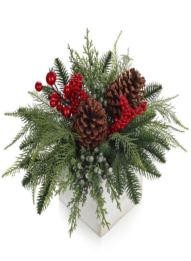 Hollyone Christmas Centerpieces Table Decorations 10" Small Artificial Potted Christmas Tree Norfolk Pine Plants with Red Berry Pine Cones in Wooden Pot for Home Winter Xmas Mantel Farmhouse Indoor Decor - Image 1