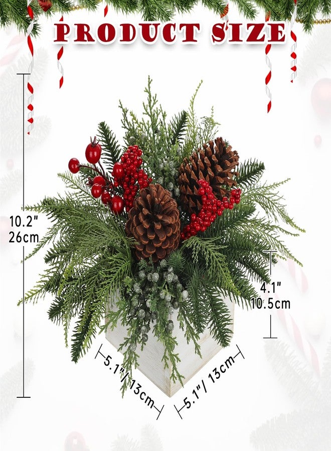 Hollyone Christmas Centerpieces Table Decorations 10" Small Artificial Potted Christmas Tree Norfolk Pine Plants with Red Berry Pine Cones in Wooden Pot for Home Winter Xmas Mantel Farmhouse Indoor Decor - Image 2
