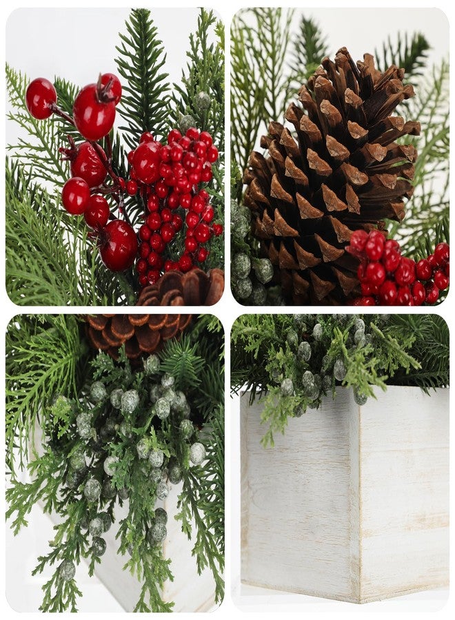 Hollyone Christmas Centerpieces Table Decorations 10" Small Artificial Potted Christmas Tree Norfolk Pine Plants with Red Berry Pine Cones in Wooden Pot for Home Winter Xmas Mantel Farmhouse Indoor Decor - Image 3