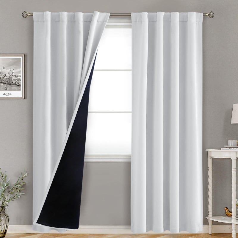 BGment بئسة رمادي أبيض 100 ٪ الستائر لتيكوت لغرفة النوم 84 بوصة الألواح السوداء خارج الجيب قضيب وعلامة التبويب الظهر طبقة مزدوجة الستائر غرفة المعيشة مع بطانة حرارية 2 لوحات 38 × 84 بوصة - Image 1