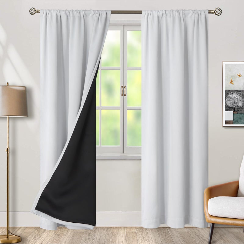 BGment بئسة رمادي أبيض 100 ٪ الستائر لتيكوت لغرفة النوم 84 بوصة الألواح السوداء خارج الجيب قضيب وعلامة التبويب الظهر طبقة مزدوجة الستائر غرفة المعيشة مع بطانة حرارية 2 لوحات 38 × 84 بوصة - Image 2