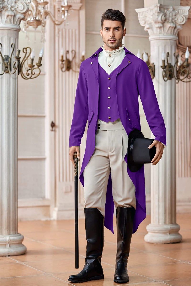 Runcati Mens Steampunk Victorian Jacket Gothic Tailcoat Costume Vintage Tuxedo Viking Renaissance Pirate Halloween Coats Purple - Image 2