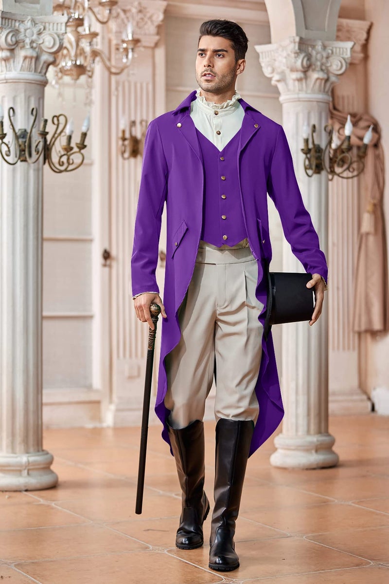 Runcati Mens Steampunk Victorian Jacket Gothic Tailcoat Costume Vintage Tuxedo Viking Renaissance Pirate Halloween Coats Purple - Image 3