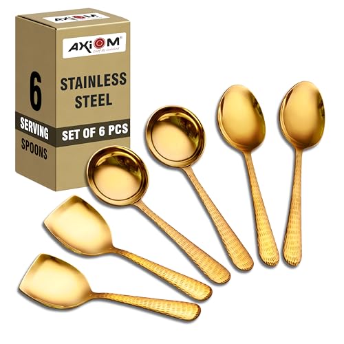 AXIOM Stainless Steel Golden Serving Tools Set. 6 Piece Heavy Gauge Kitchen Utensil Set of 2 Soup Ladle (Karchi), 2 Solid Spoon (Chamcha) & 2 Rice Spoon for Serving Soup/Curry/dal/Rice/Pasta - Image 1