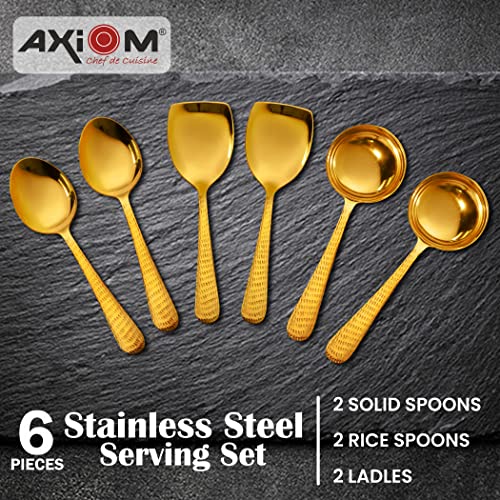 AXIOM Stainless Steel Golden Serving Tools Set. 6 Piece Heavy Gauge Kitchen Utensil Set of 2 Soup Ladle (Karchi), 2 Solid Spoon (Chamcha) & 2 Rice Spoon for Serving Soup/Curry/dal/Rice/Pasta - Image 2