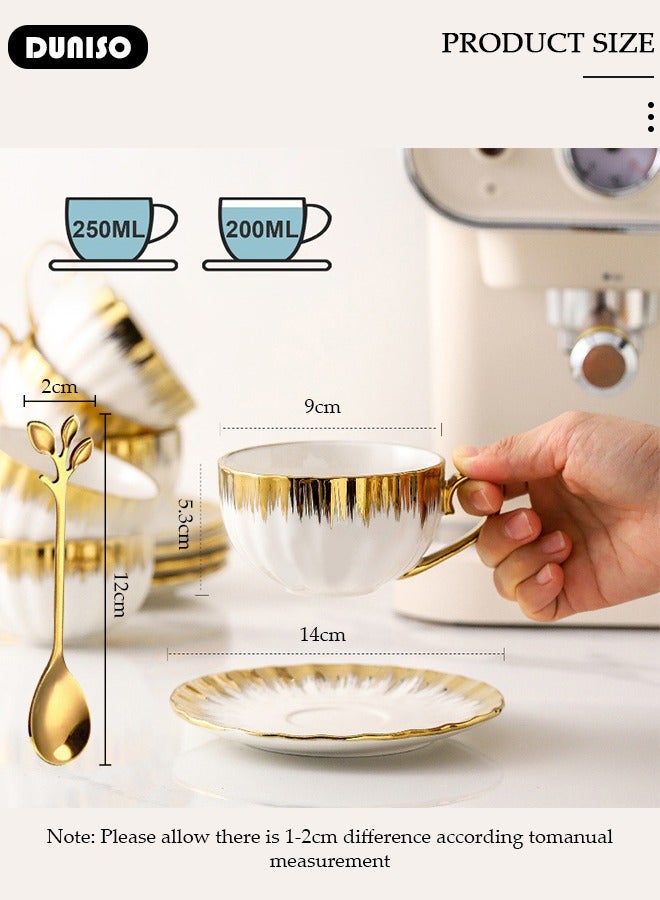DUNISO مجموعة أكواب شاي وسلطانيات خزفية، مجموعة شاي بورسلان لحفلة الشاي، أكواب لاتيه وكوب إسبريسو لمشروبات القهوة والشاي، مجموعة سلطانيات للمطبخ وغرفة المعيشة، كوب قهوة خزفي مع ملعقة للمكتب والمنزل - Image 2