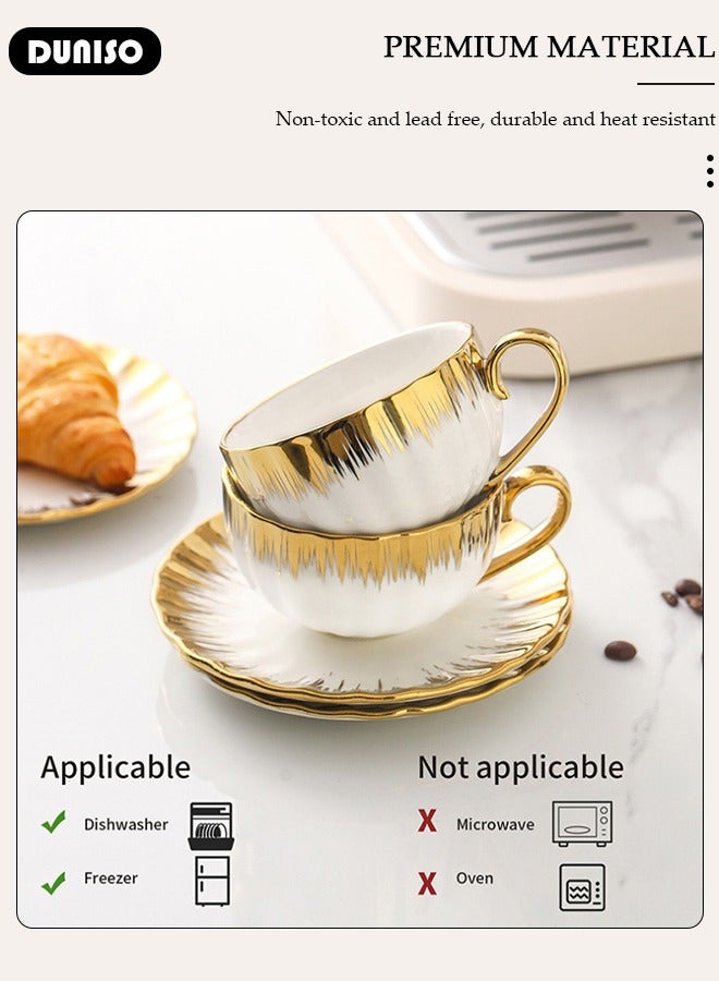 DUNISO مجموعة أكواب شاي وسلطانيات خزفية، مجموعة شاي بورسلان لحفلة الشاي، أكواب لاتيه وكوب إسبريسو لمشروبات القهوة والشاي، مجموعة سلطانيات للمطبخ وغرفة المعيشة، كوب قهوة خزفي مع ملعقة للمكتب والمنزل - Image 3