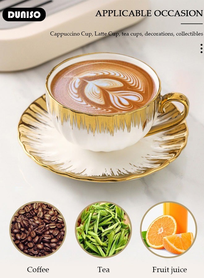 DUNISO مجموعة أكواب شاي وسلطانيات خزفية، مجموعة شاي بورسلان لحفلة الشاي، أكواب لاتيه وكوب إسبريسو لمشروبات القهوة والشاي، مجموعة سلطانيات للمطبخ وغرفة المعيشة، كوب قهوة خزفي مع ملعقة للمكتب والمنزل - Image 4