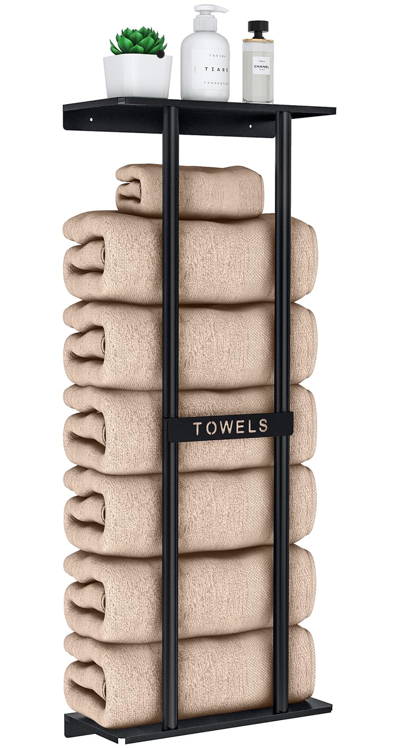 STWWO STWWO Bathroom Towel Storage Rack, Towel Racks for Bathroom Wall Mounted 30 inch with Shelf Can Holds 6 Large Towels, Wall Towel Rack for Rolled Towels, Black  - Image 1
