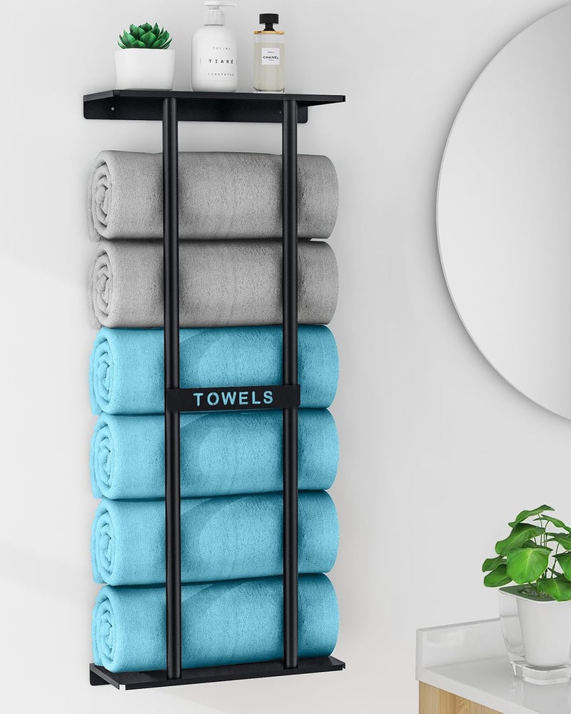 STWWO STWWO Bathroom Towel Storage Rack, Towel Racks for Bathroom Wall Mounted 30 inch with Shelf Can Holds 6 Large Towels, Wall Towel Rack for Rolled Towels, Black  - Image 2