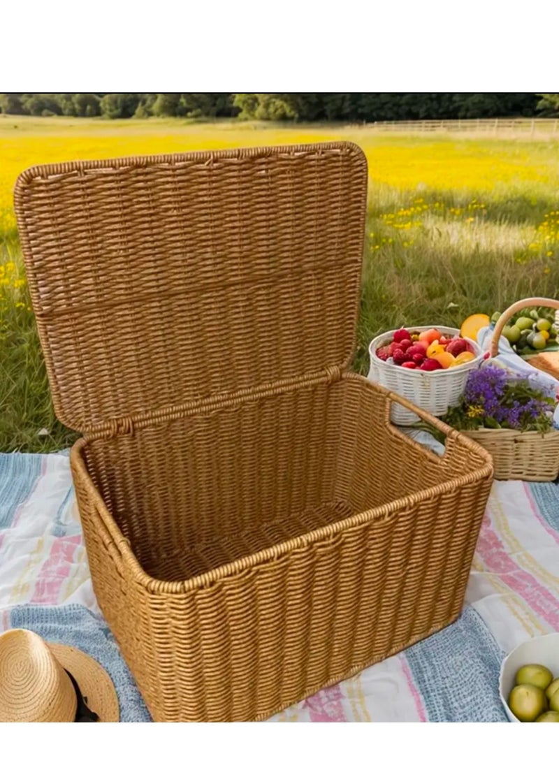 Faux Rattan Storage Basket with Handle – Rectangular Woven Organizer for Picnic, Outdoor Use, Living Room, or Bedroom – Multipurpose Shelf Basket  - Image 5