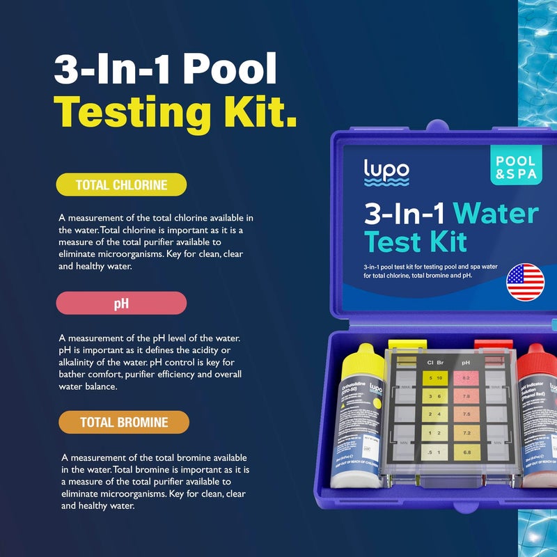 Lupo Global Lupo 3-in-1 Pool Test Kit | Pool Testing Kit for Residential Swimming Pools & Spas for Testing Total Chlorine, Total Bromine & pH | Pool Chemical Test for Quick & Accurate At-Home Pool Water Testing - Image 3