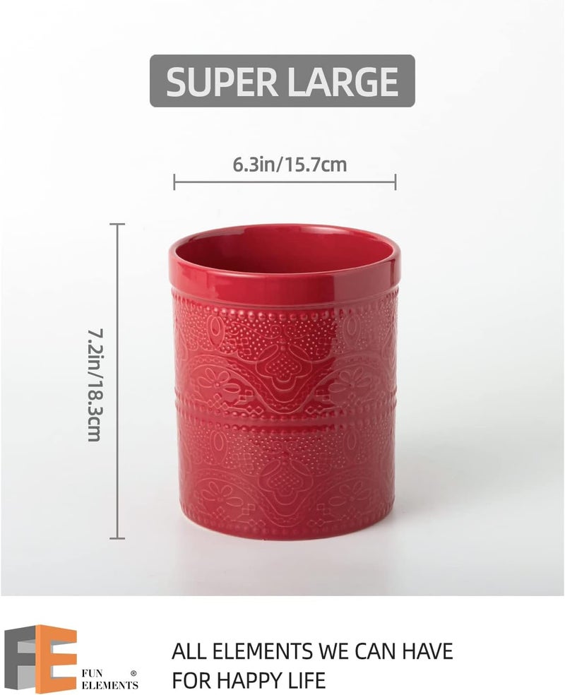 FE FUN ELEMENTS FUN ELEMENTS Kitchen Utensil Holder, 7.2" Super Large Utensil Crock Heavy and Stable Lace Emboss Ceramic Utensil Holder for Kitchen Counter (Christmas Red) - Image 5