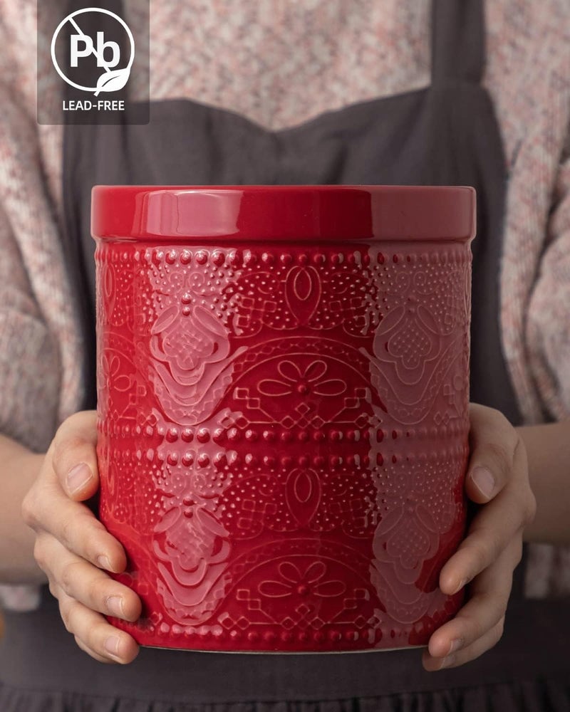 FE FUN ELEMENTS FUN ELEMENTS Kitchen Utensil Holder, 7.2" Super Large Utensil Crock Heavy and Stable Lace Emboss Ceramic Utensil Holder for Kitchen Counter (Christmas Red) - Image 4