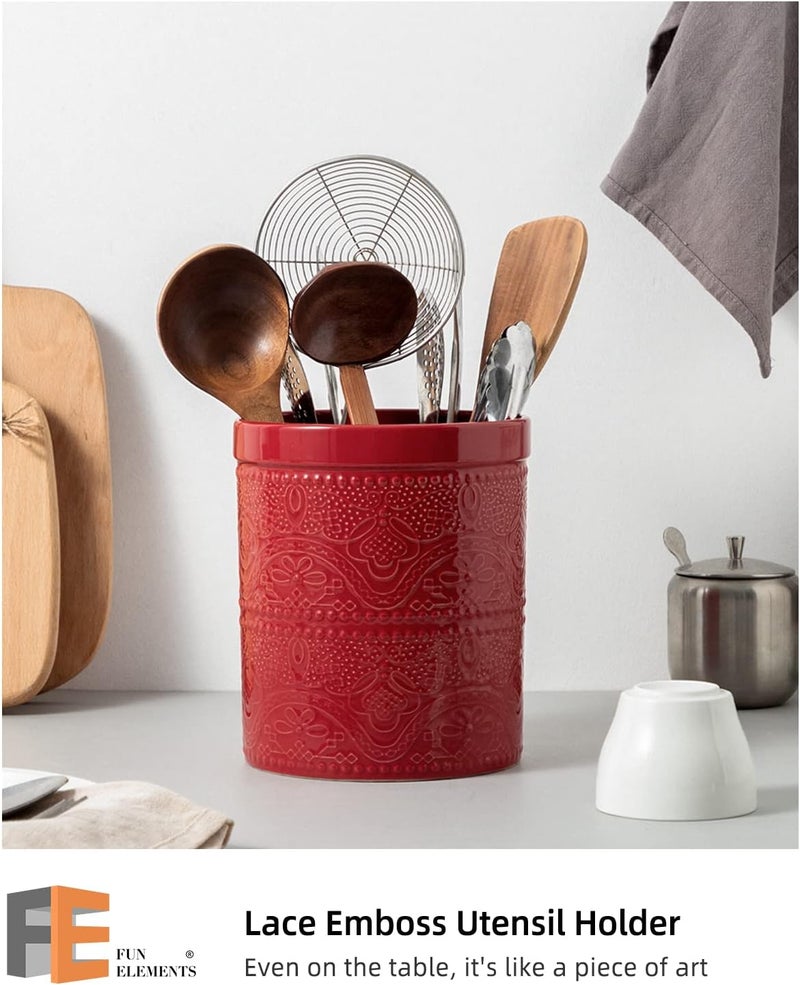 FE FUN ELEMENTS FUN ELEMENTS Kitchen Utensil Holder, 7.2" Super Large Utensil Crock Heavy and Stable Lace Emboss Ceramic Utensil Holder for Kitchen Counter (Christmas Red) - Image 2