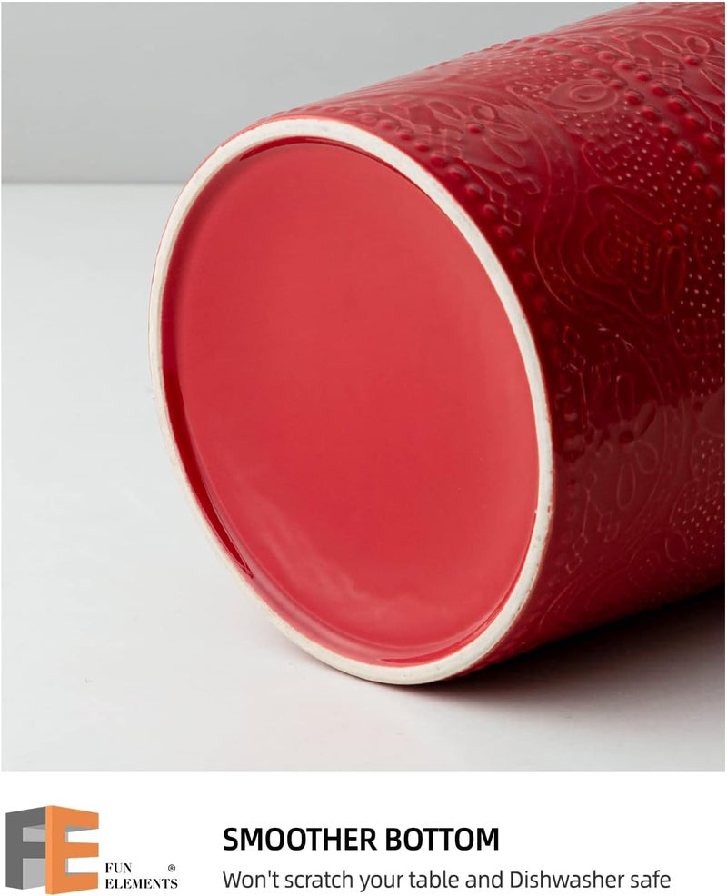 FE FUN ELEMENTS FUN ELEMENTS Kitchen Utensil Holder, 7.2" Super Large Utensil Crock Heavy and Stable Lace Emboss Ceramic Utensil Holder for Kitchen Counter (Christmas Red) - Image 3