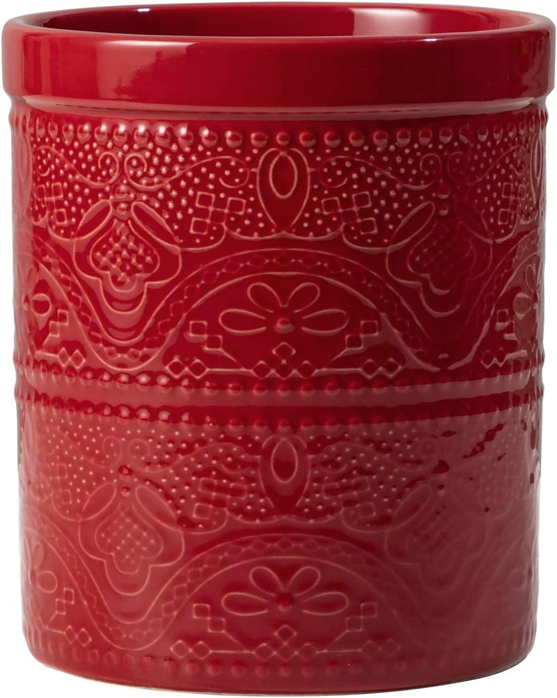 FE FUN ELEMENTS FUN ELEMENTS Kitchen Utensil Holder, 7.2" Super Large Utensil Crock Heavy and Stable Lace Emboss Ceramic Utensil Holder for Kitchen Counter (Christmas Red) - Image 1