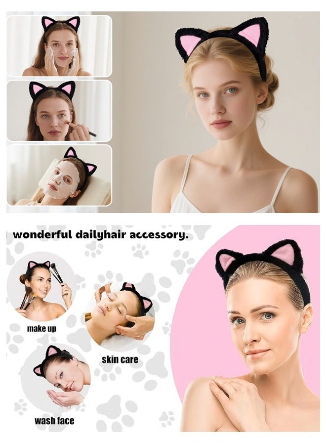 قطعتان من عصابات رأس على شكل آذان قطة - شريط شعر ناعم للمكياج والاستحمام، لطيف للفتيات والنساء المراهقات (أسود وأبيض) - Image 5