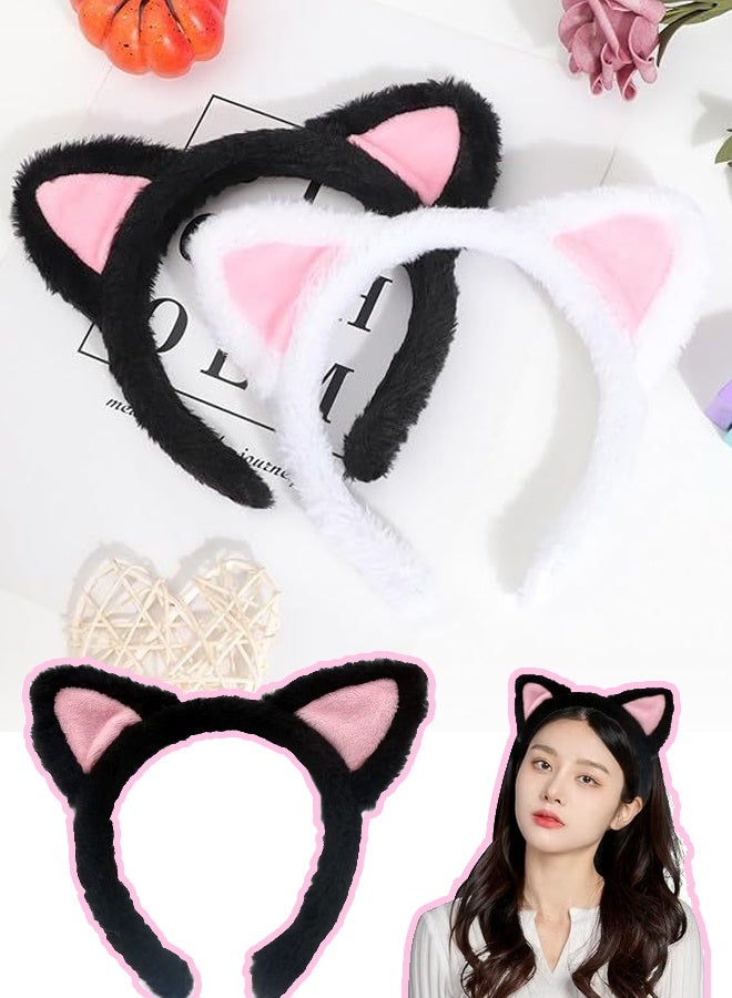 قطعتان من عصابات رأس على شكل آذان قطة - شريط شعر ناعم للمكياج والاستحمام، لطيف للفتيات والنساء المراهقات (أسود وأبيض) - Image 3