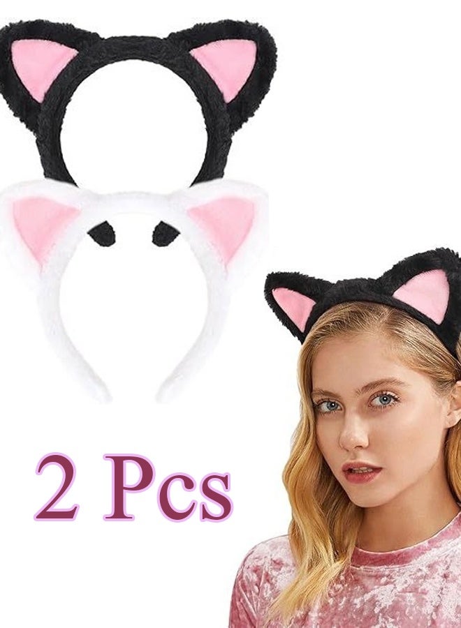 قطعتان من عصابات رأس على شكل آذان قطة - شريط شعر ناعم للمكياج والاستحمام، لطيف للفتيات والنساء المراهقات (أسود وأبيض) - Image 1