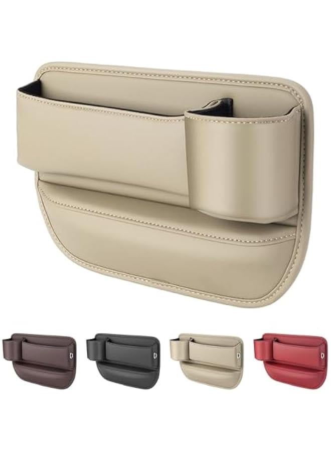Car Leather Cup Holder Gap Bag,2025 Upgrade Car Gap Storage Box with Cup Holder,Seat Gap Storage Box Car Seat Gap Bag,Gap Filler Organizer for Glasses Phone Keys and Cards (Beige, Passenger Seat) - Image 1