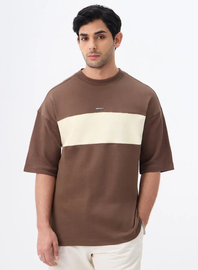 The Souled Store Men Brown Color Block Oversized T-Shirt
