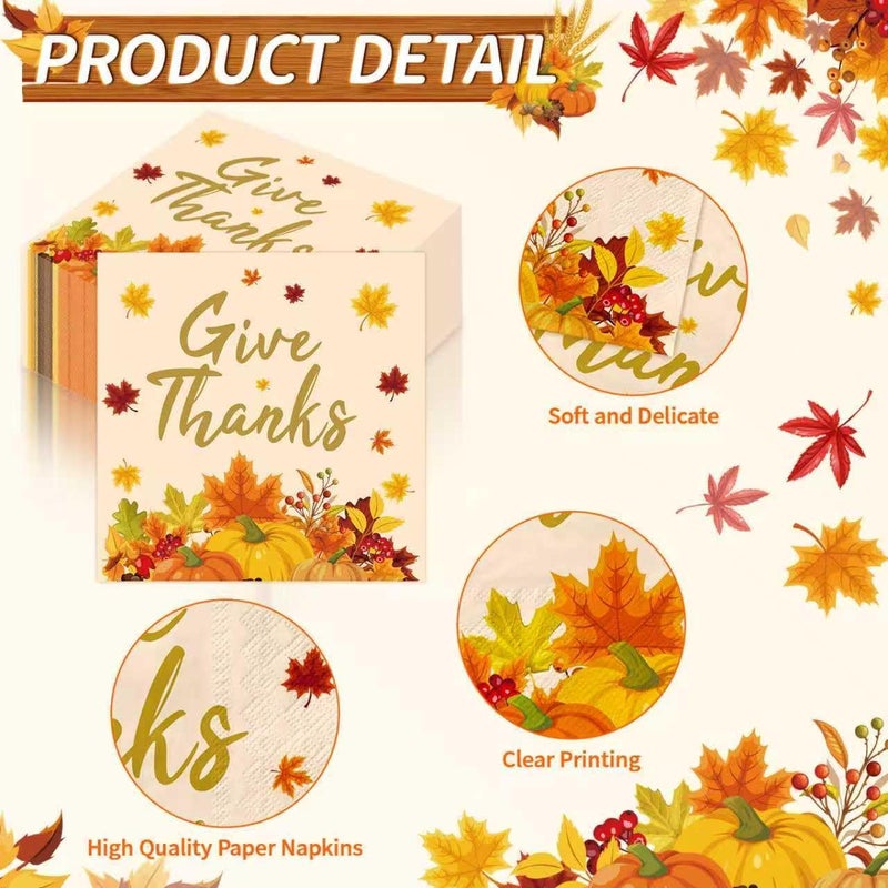 PERFQU 50 Pcs Thanksgiving Napkins Disposable, 13 Inch Fall Paper Napkins, 3-ply Give Thanks Napkin Pumpkin Maple Leaf Cocktail Dinnerware for Fall Decorations Thanksgiving Party Supplies Tableware Favors - Image 4