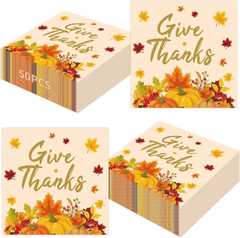 PERFQU 50 Pcs Thanksgiving Napkins Disposable, 13 Inch Fall Paper Napkins, 3-ply Give Thanks Napkin Pumpkin Maple Leaf Cocktail Dinnerware for Fall Decorations Thanksgiving Party Supplies Tableware Favors - Image 1