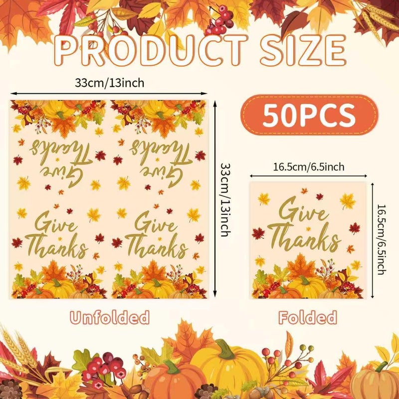 PERFQU 50 Pcs Thanksgiving Napkins Disposable, 13 Inch Fall Paper Napkins, 3-ply Give Thanks Napkin Pumpkin Maple Leaf Cocktail Dinnerware for Fall Decorations Thanksgiving Party Supplies Tableware Favors - Image 2