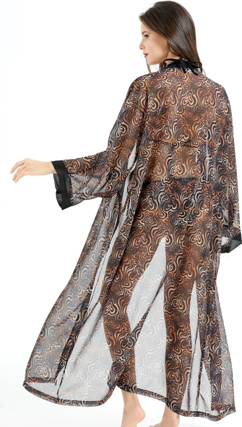 C&city Long Chiffon Kimono Pareo Beach Dress C14300 Leopard