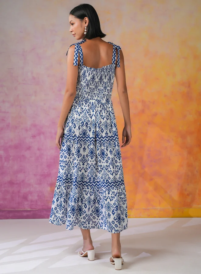 Sanskrutihomes Navy Blue Floral Print Square Neck Midi Dress