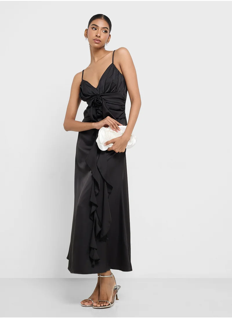 Ginger Strappy Satin Dress With Ruffle Detail