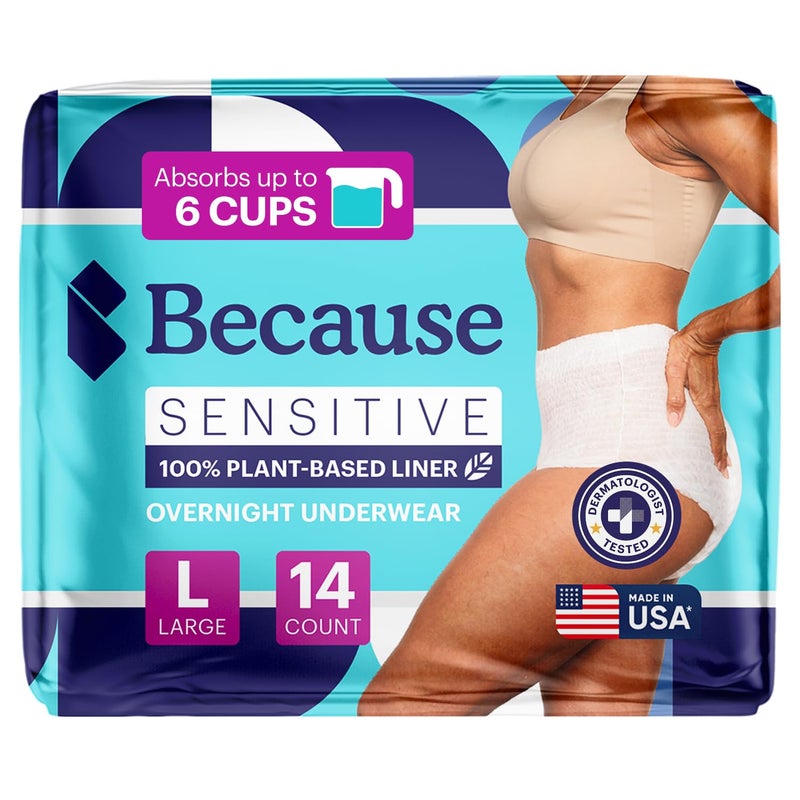 Because Adult Incontinence Underwear for Sensitive Skin - Women - Premium Overnight Disposable Briefs, Anti Odor - White, Large - Absorbs 6 Cups - 14 Count (Pack of 1) - Image 1