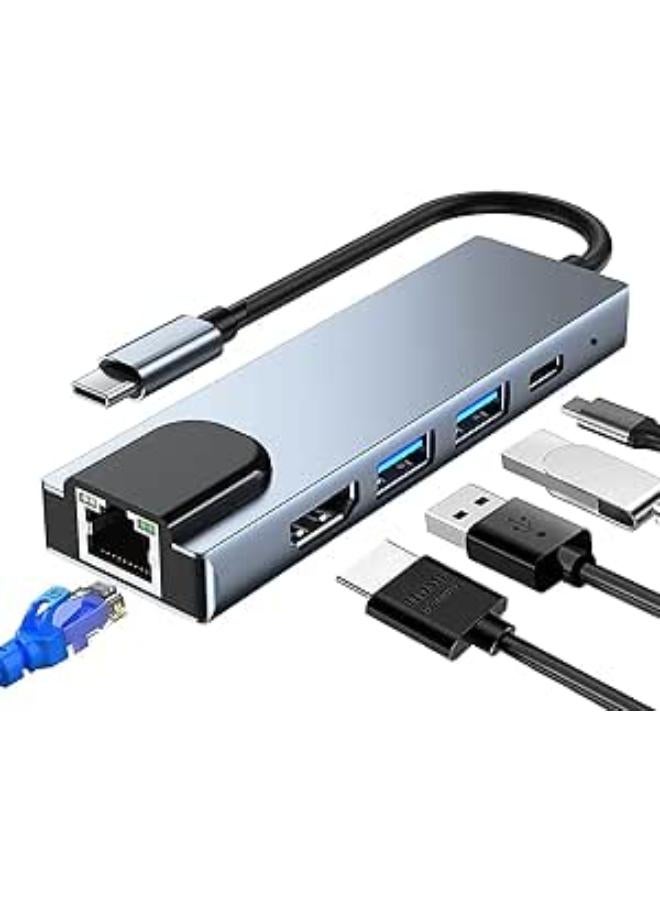5 in 1 USB C Adapter with Ethernet, USB C3.0 Hub with 100M rj45 Ethernet Port, 100W PD Charging Port, 4K HDMI, 2USB 3.0 Ports, Compatible for MacBook Pro Air and Type C Devices