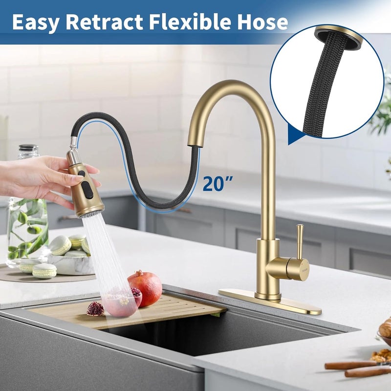 GUUKAR Gold Kitchen Faucet with Pull Down Sprayer, Modern Brushed Gold Single Handle Kitchen Sink Faucet with Deck Plate - Image 5