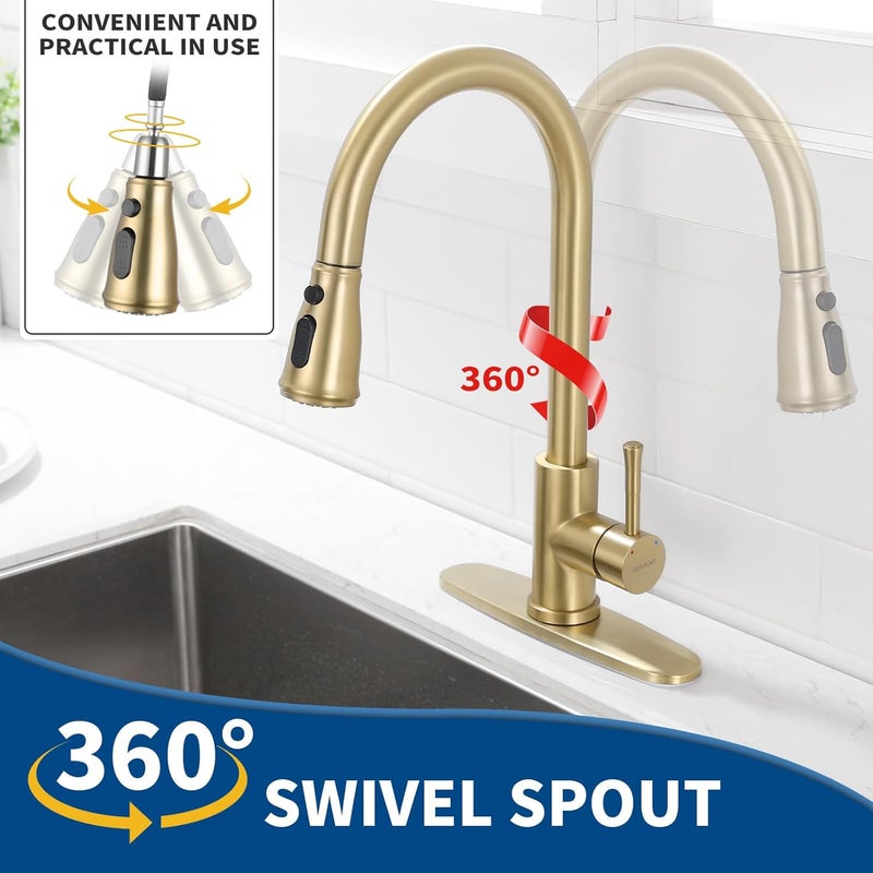 GUUKAR Gold Kitchen Faucet with Pull Down Sprayer, Modern Brushed Gold Single Handle Kitchen Sink Faucet with Deck Plate - Image 4