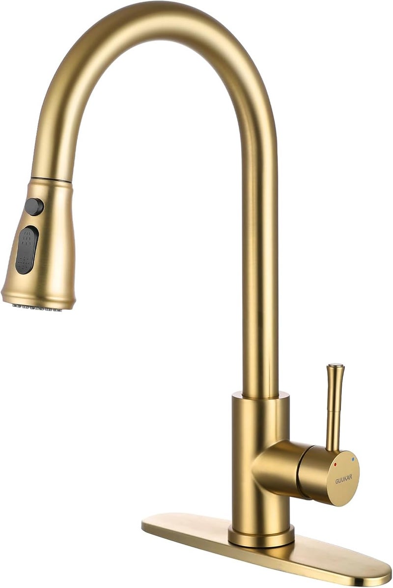 GUUKAR Gold Kitchen Faucet with Pull Down Sprayer, Modern Brushed Gold Single Handle Kitchen Sink Faucet with Deck Plate - Image 1