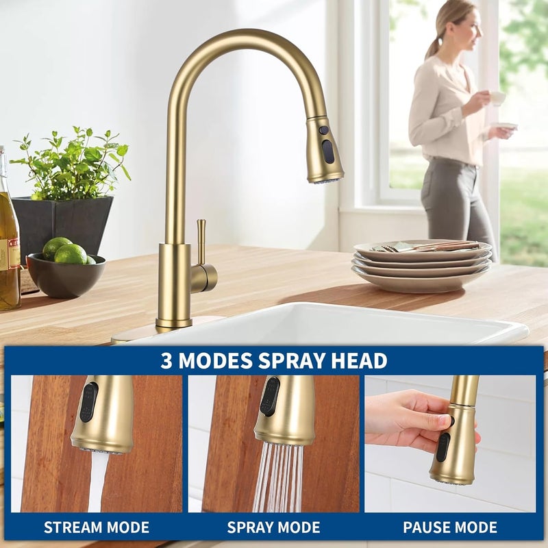 GUUKAR Gold Kitchen Faucet with Pull Down Sprayer, Modern Brushed Gold Single Handle Kitchen Sink Faucet with Deck Plate - Image 2