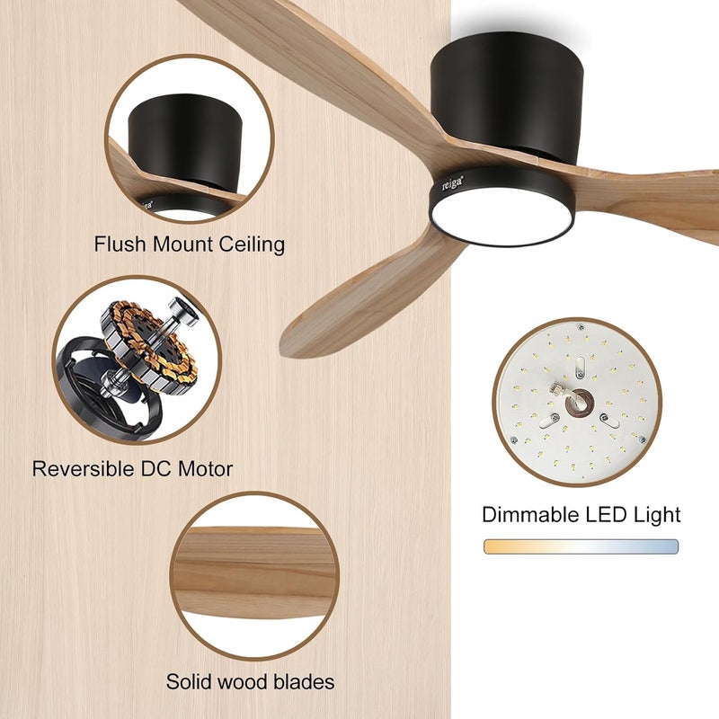 reiga 52" WiFi Smart Ceiling Fan with Light and Remote Control, 3 Low Profile Ceiling Fans with Natural Wood Blade for Bedroom, Living Room, Silent DC Motor - Image 3