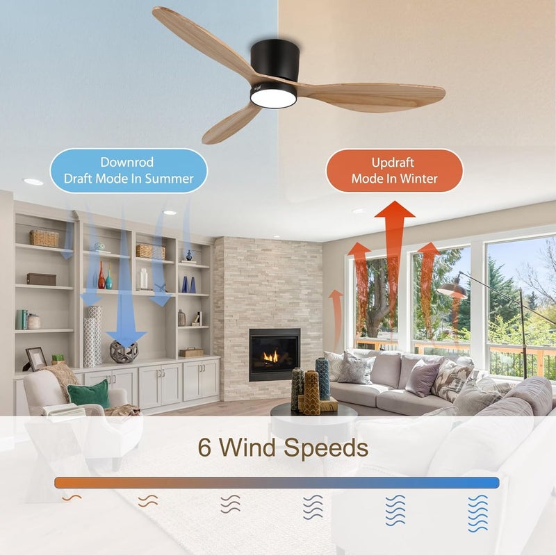 reiga 52" WiFi Smart Ceiling Fan with Light and Remote Control, 3 Low Profile Ceiling Fans with Natural Wood Blade for Bedroom, Living Room, Silent DC Motor - Image 4