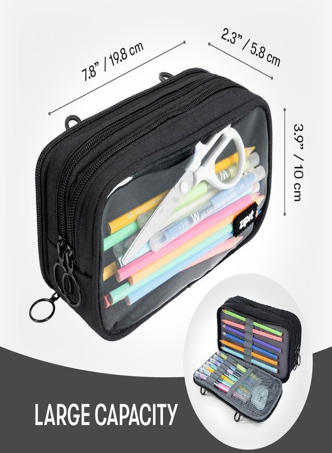 ZIPIT Half & Half Pencil Case, 3 Compartment Zipper Pouch for School, Stationery Bag for Teen Girls Boys and Adults, Black - Image 2