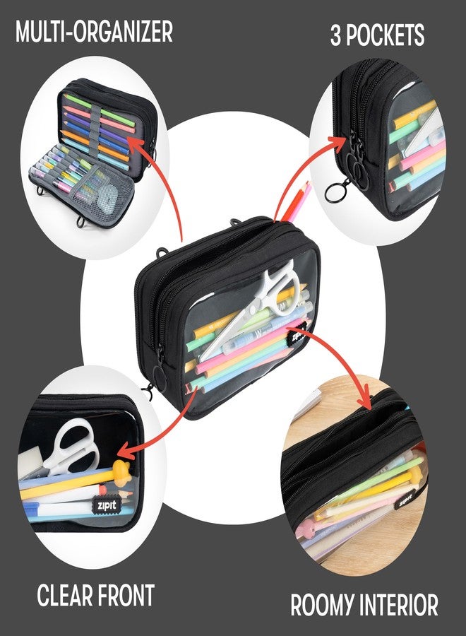 ZIPIT Half & Half Pencil Case, 3 Compartment Zipper Pouch for School, Stationery Bag for Teen Girls Boys and Adults, Black - Image 3