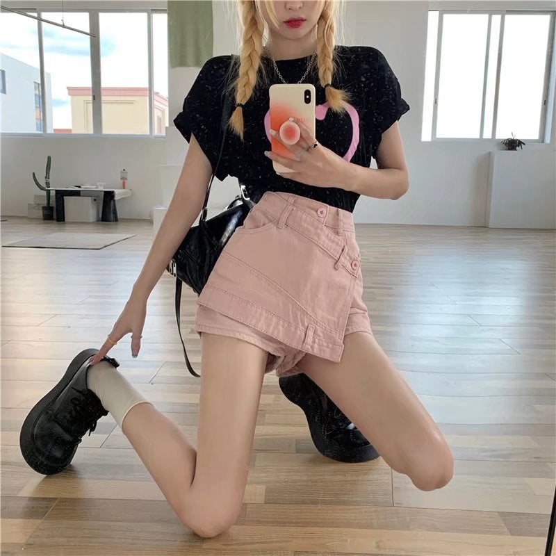 Pink Denim short skirt womens summer A- line skirt design sense fried street slimming hot girl high waist culottes ins fashion Blue - Image 4